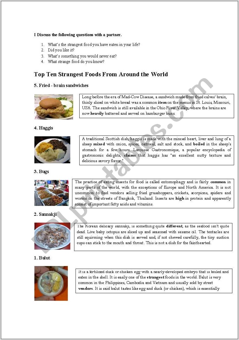 Worksheet Food Around The World