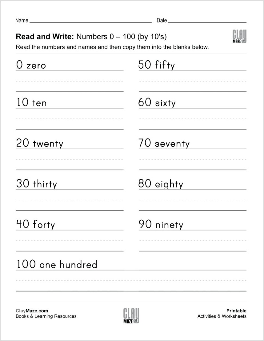 Worksheet Writing Numbers To 100