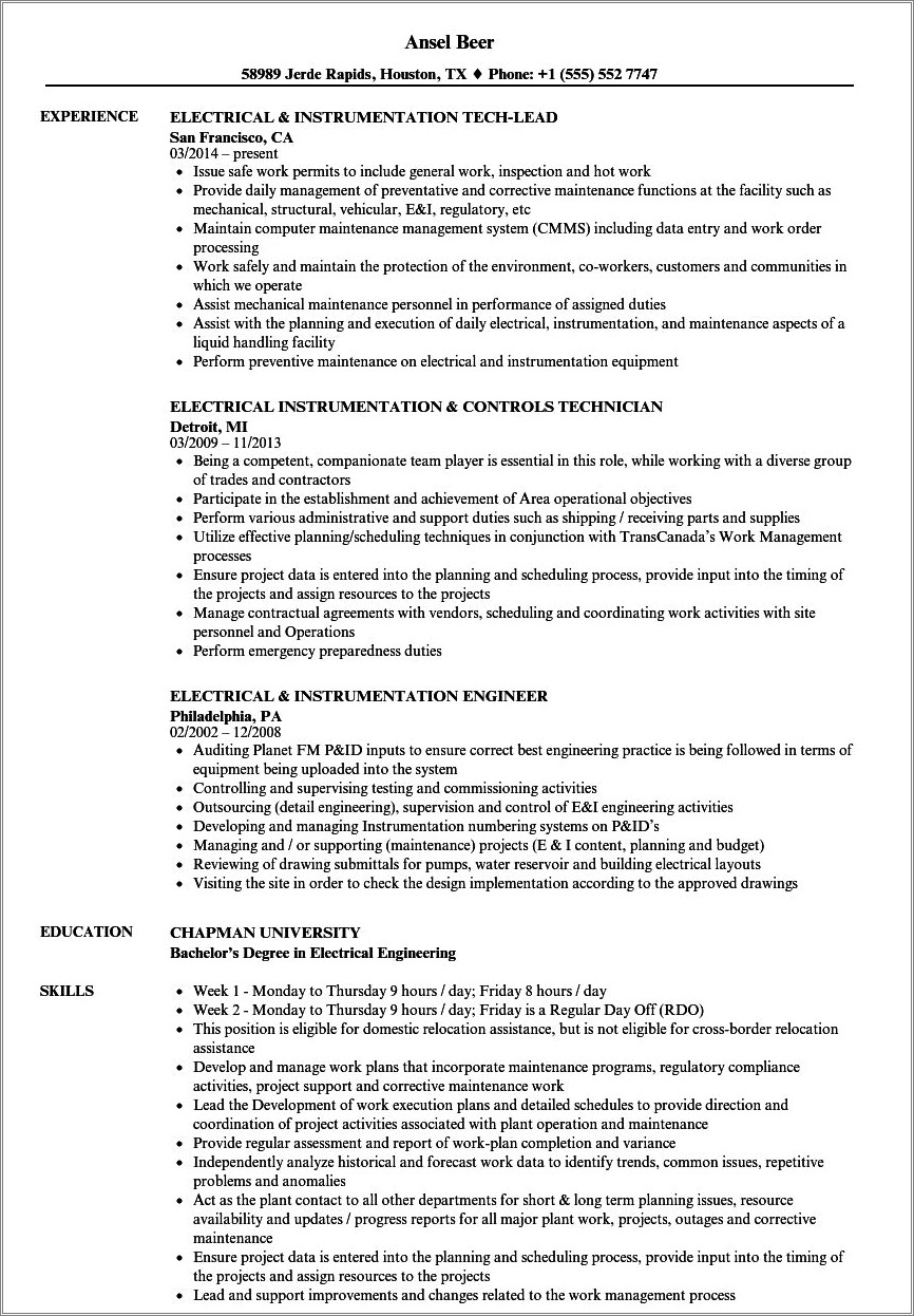 1 Year Experience Resume Format For Instrumentation Engineer