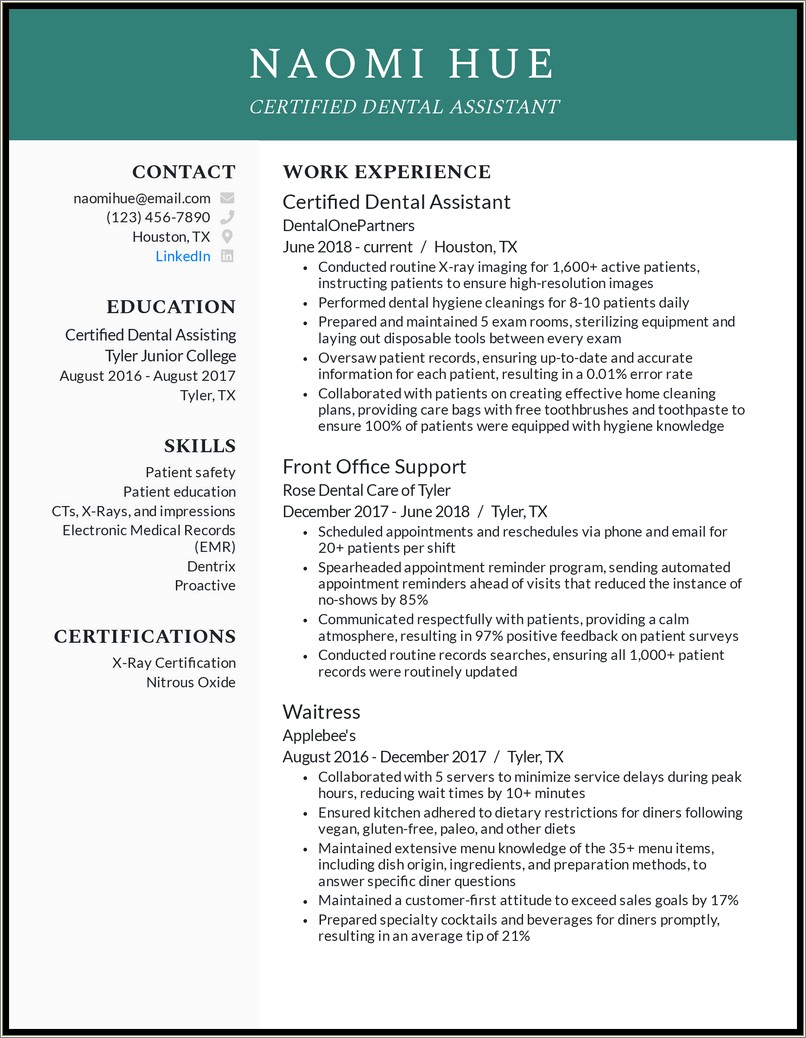 10 Years Experience Dental Assistant Resume