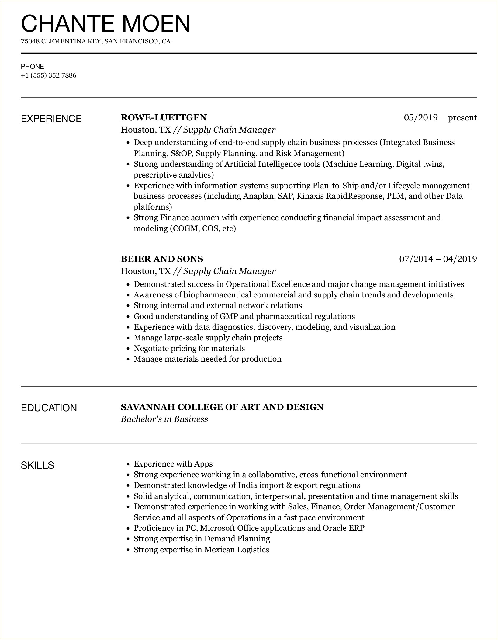 A Good Supply Chain Manager Resume