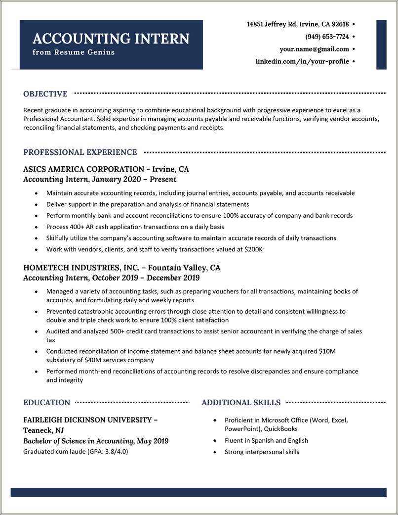 Accounting Or Finance Internship Resume Objective