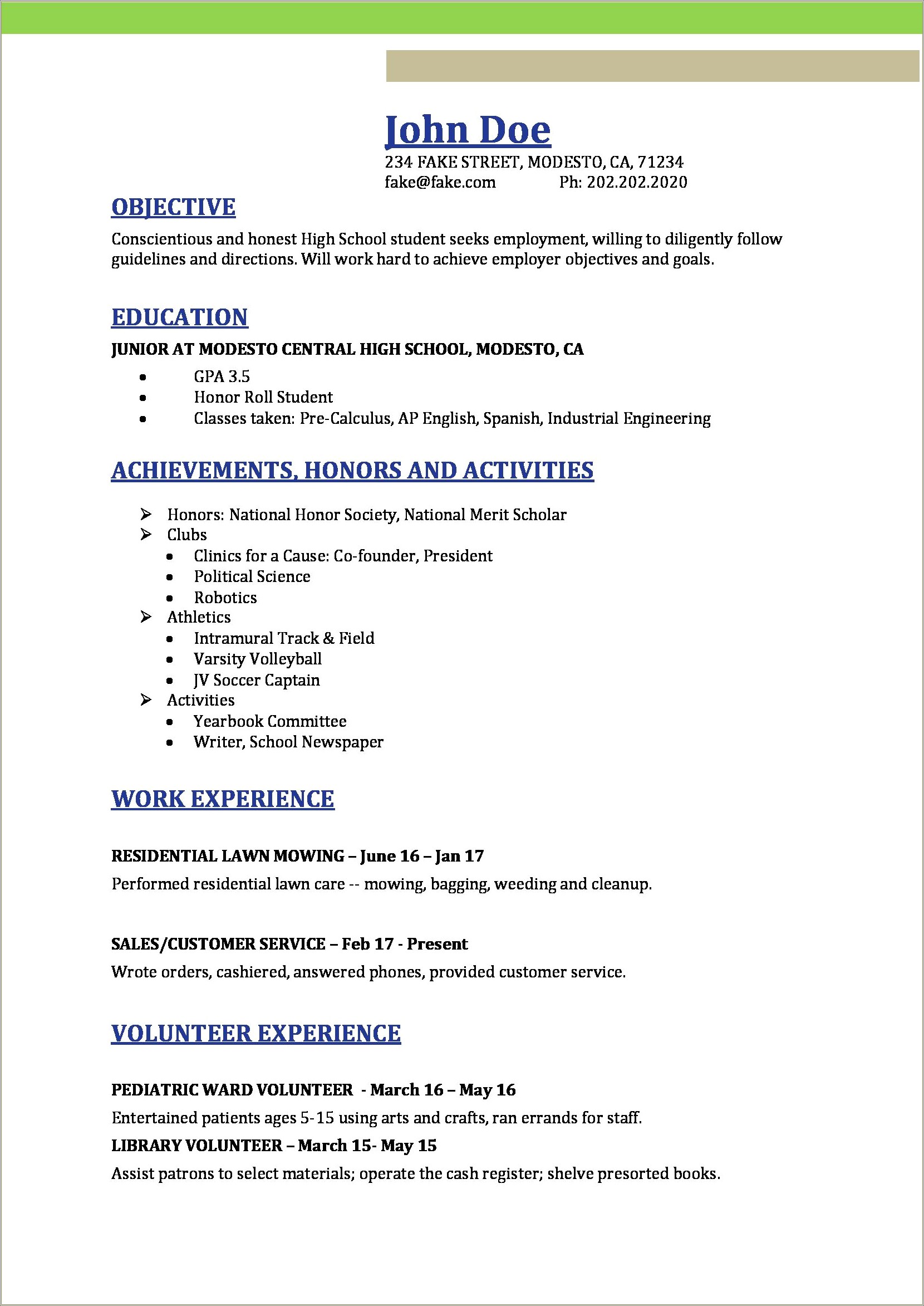 Background On Resume For High School Student Athlete