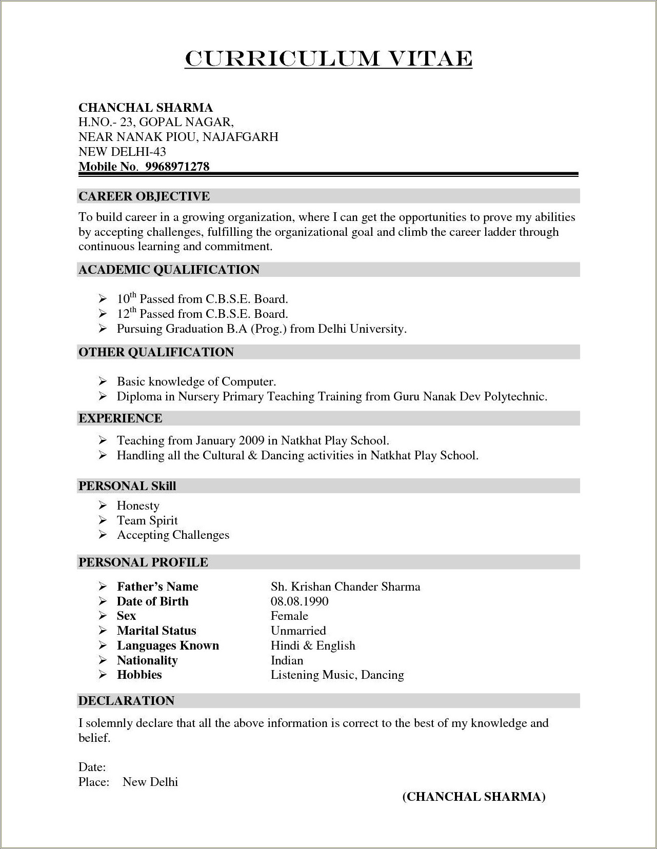 Best Resume Format For Computer Teachers