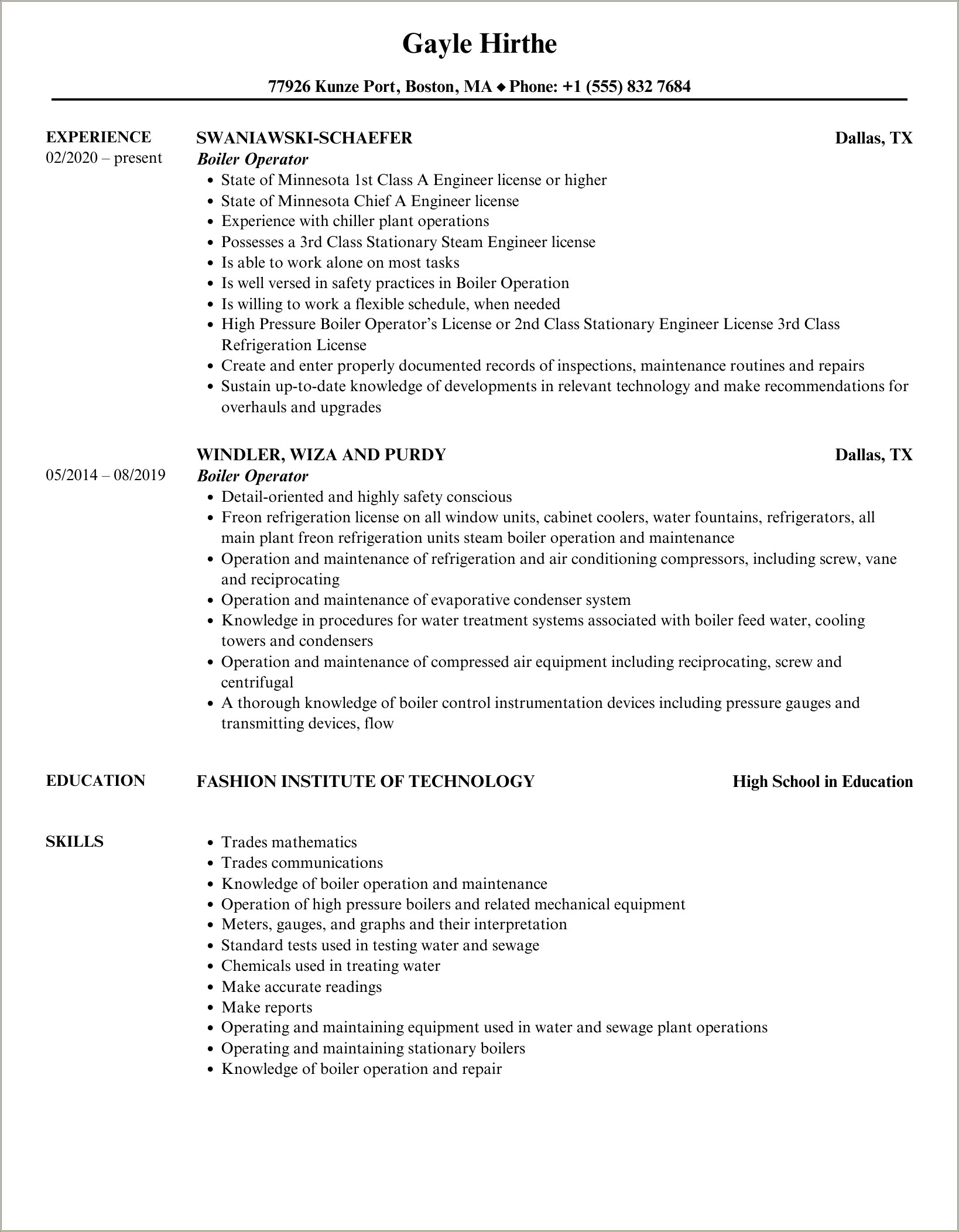 Boiler Operator Job Description For Resume
