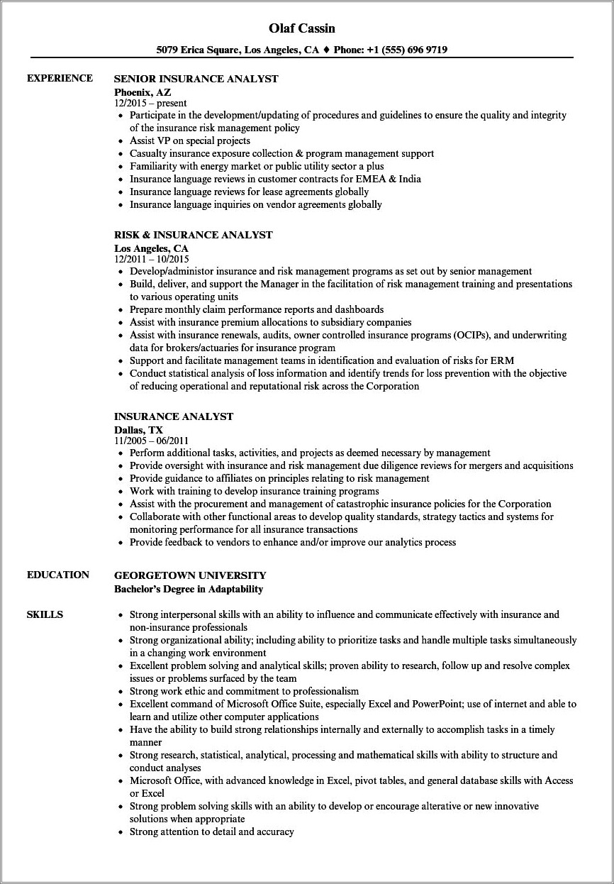 Business Analyst P&c Insurance Sample Resumes