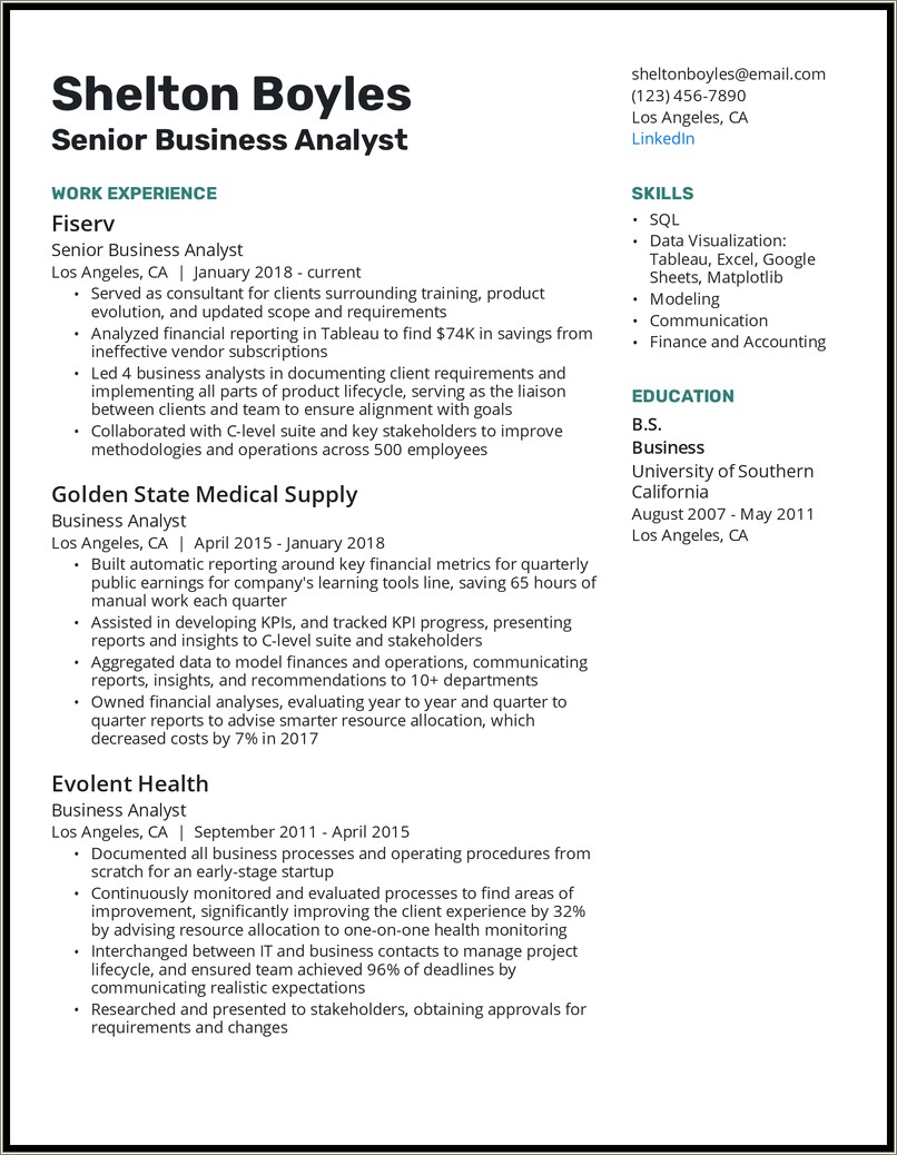 Business Systems Analyst Sample Resume Hr