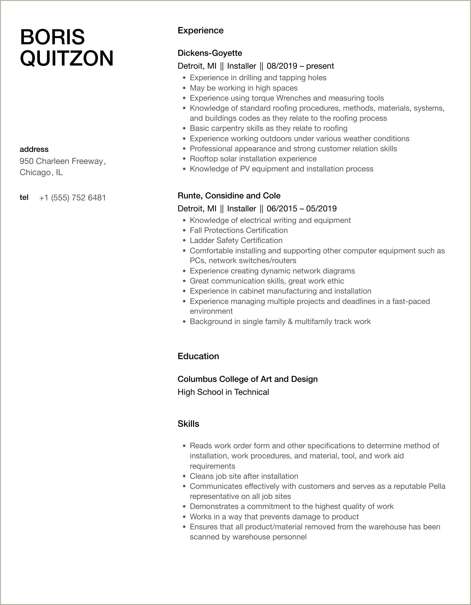 Cabinet Installer Job Description For Resume