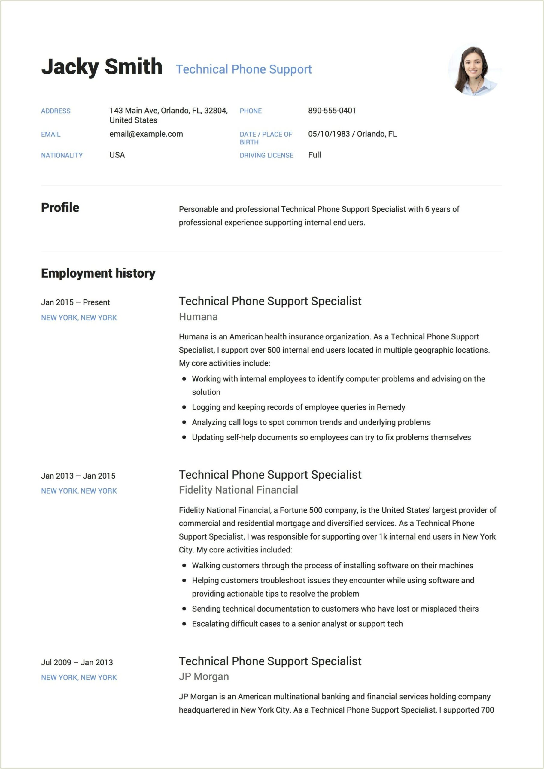 Cellular Technical Support Job Description For Resume