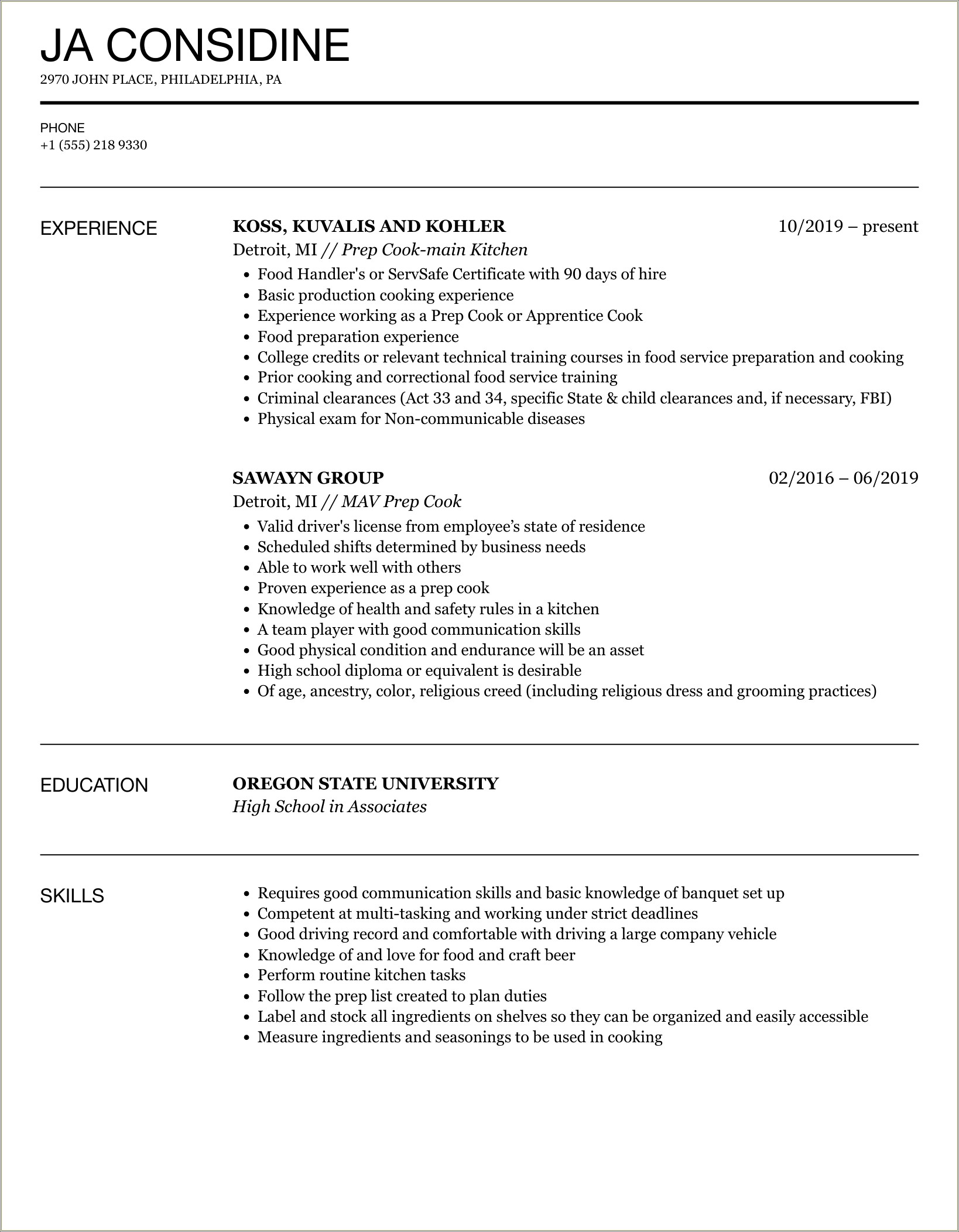 Chick Fil A Cook Resume Sample