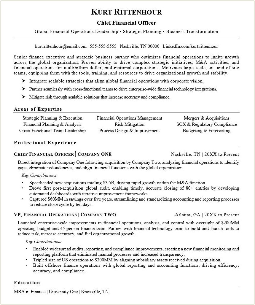 Chief Financial Officer Job Description For Resume