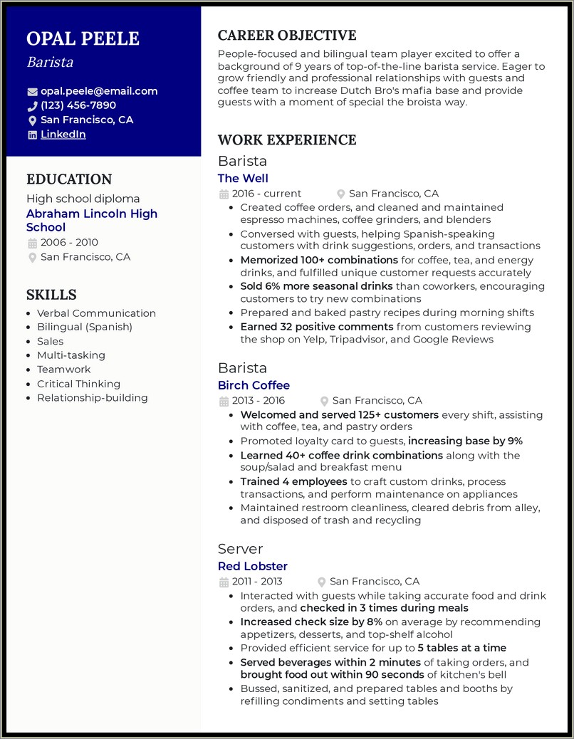 Coffee Shop Store Manager Resume Sample