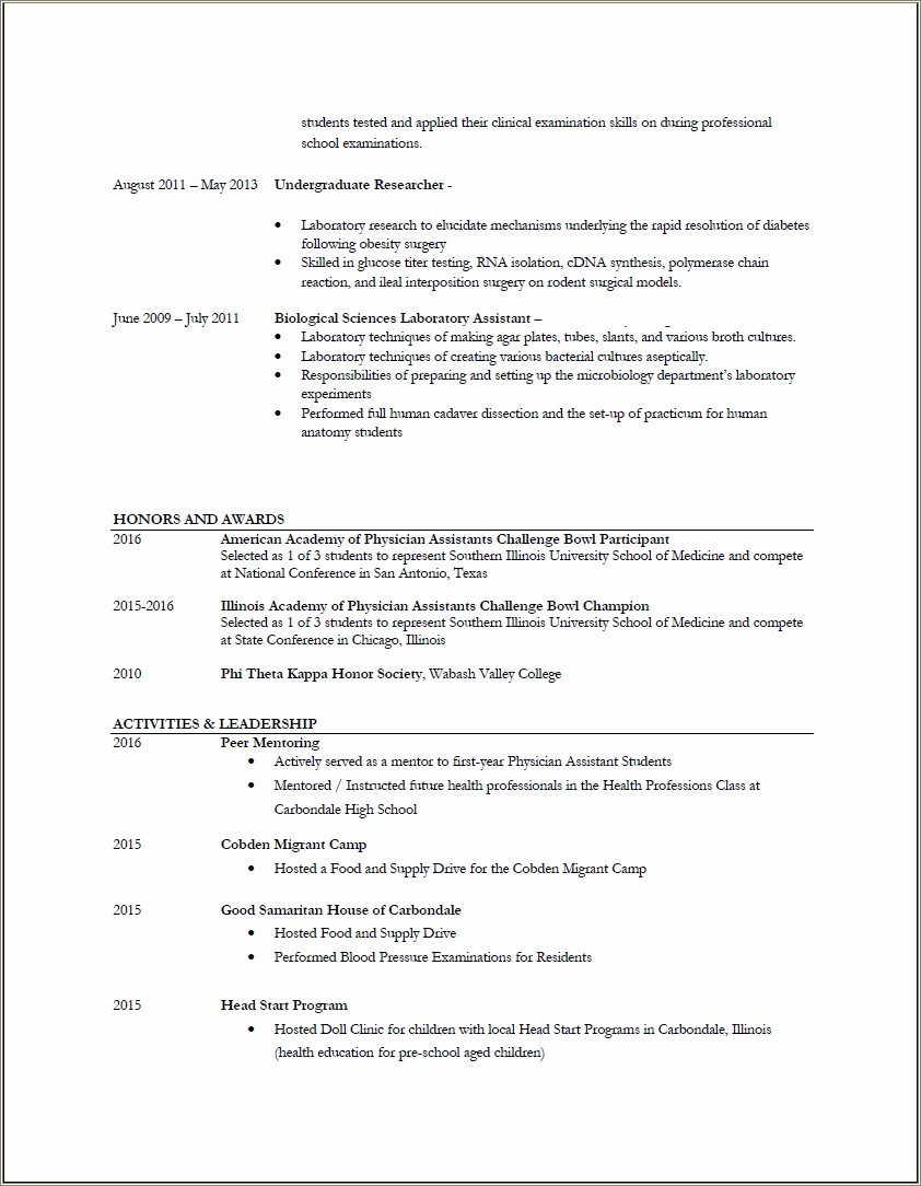 College Student Resume Sample For Pa School