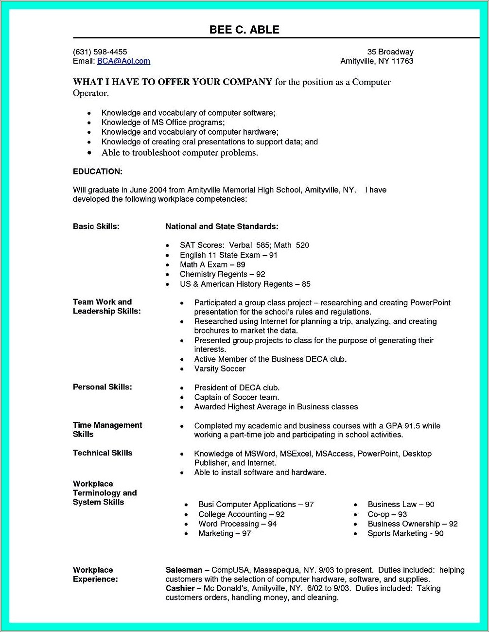 Computer Skills In Resume For Freshers