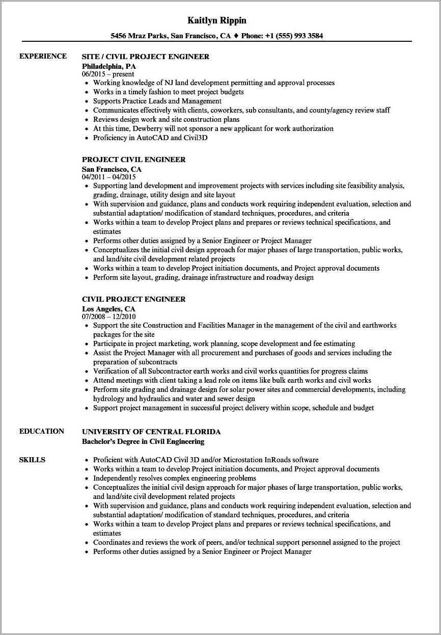 Construction Project Engineer Job Description Resume