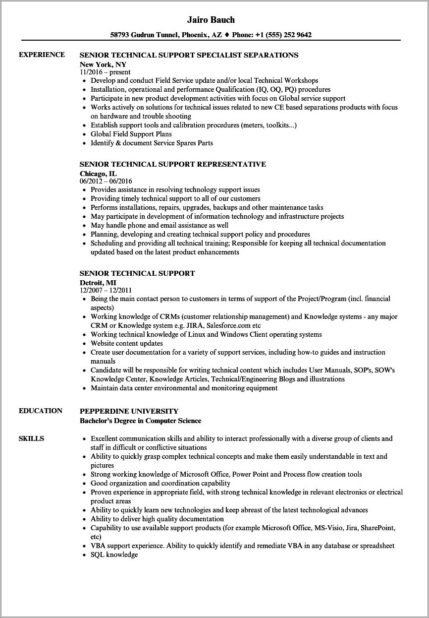 Customer Service Job For A Technical Support Resume