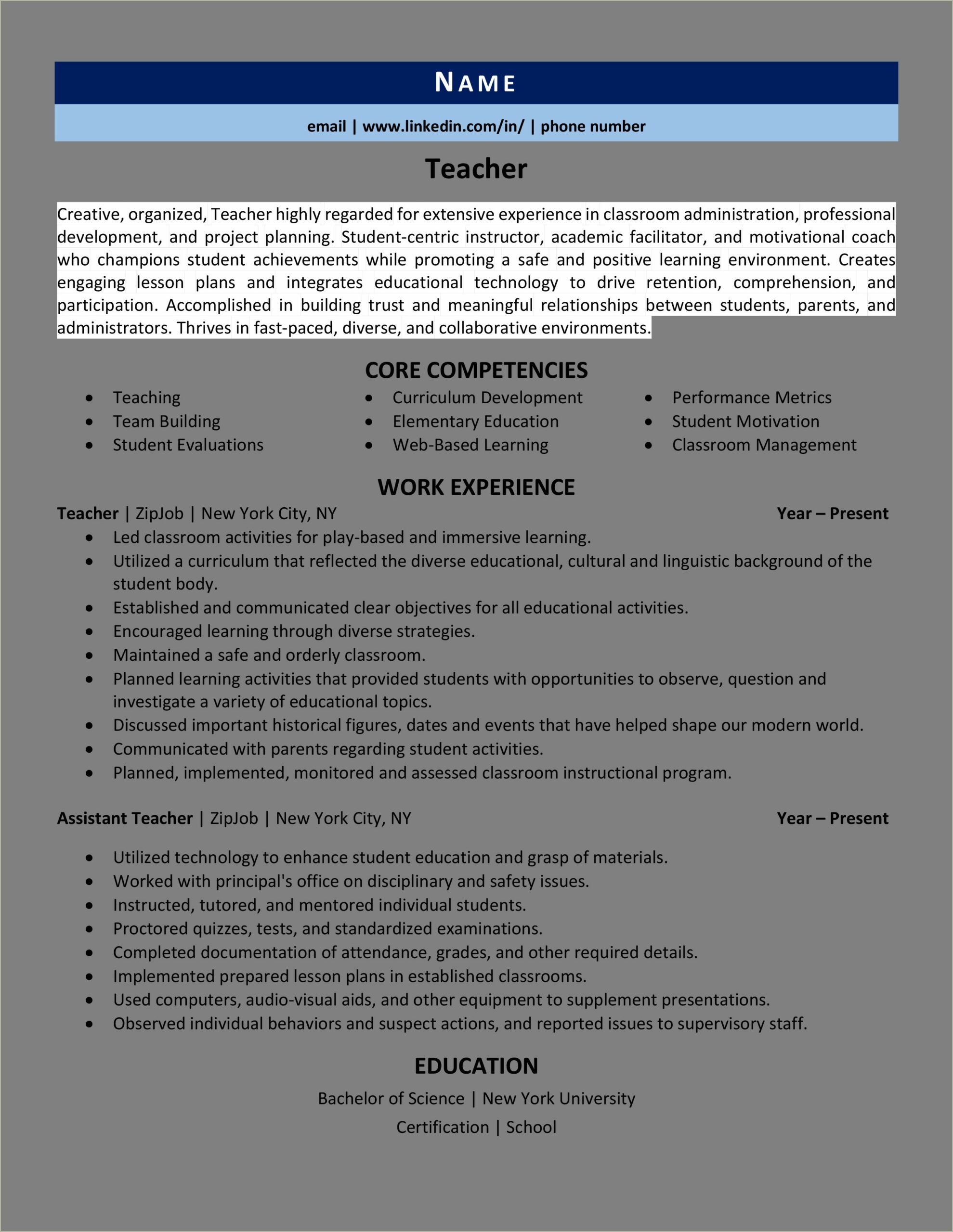 Daycare Assistant Teacher Resume With No Experience