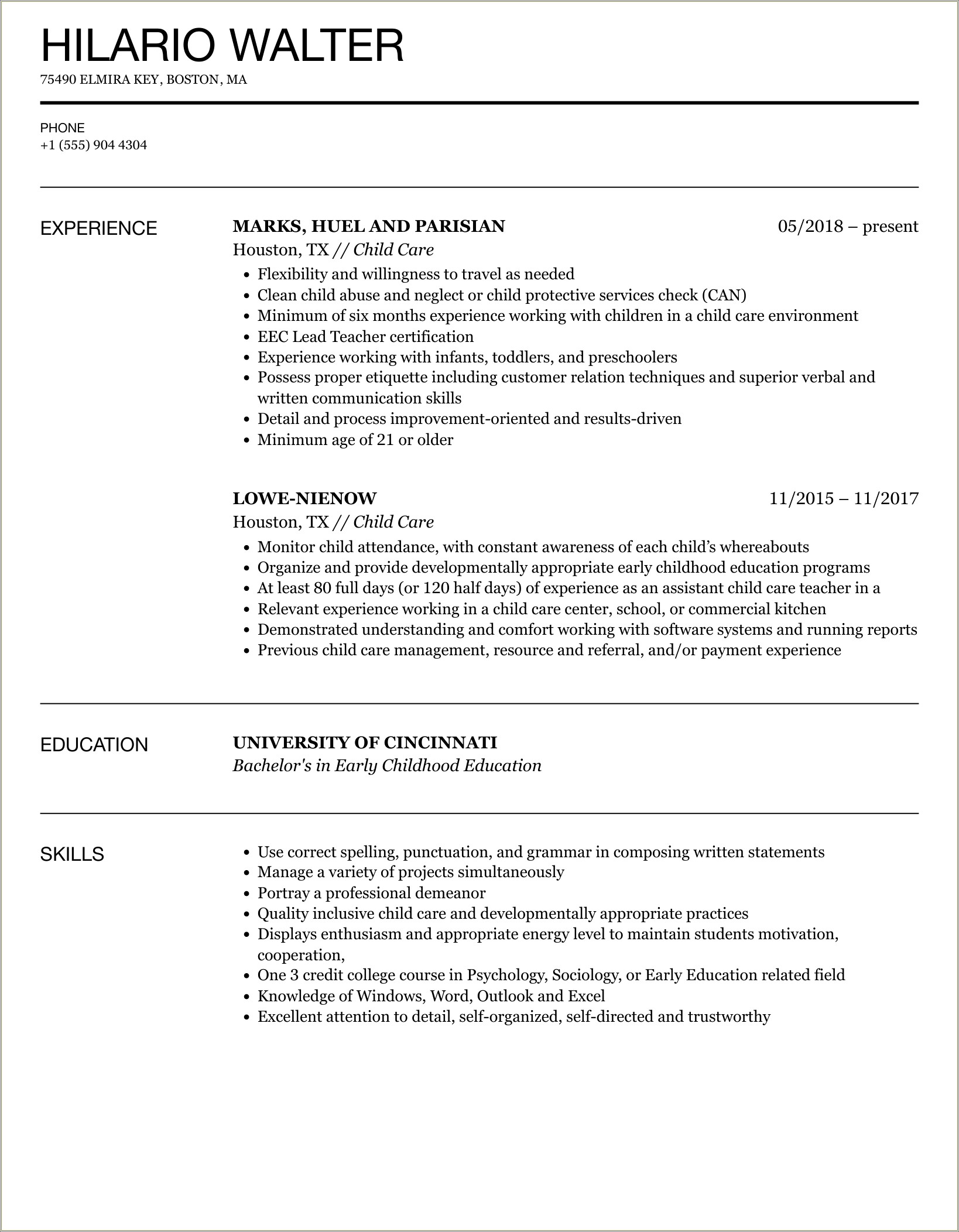 Daycare Worker Resume Objective With Ba Social Work