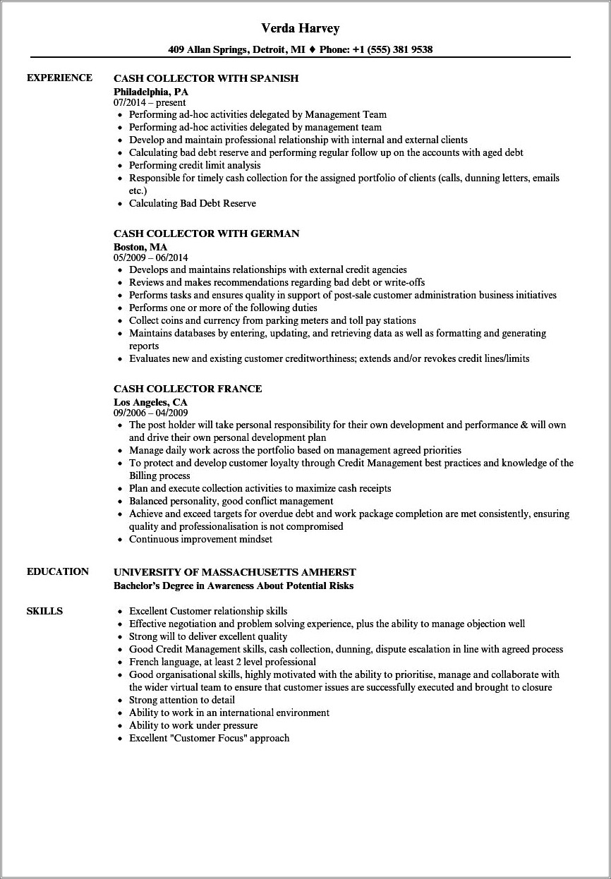 Debt Collector Job Description For Resume