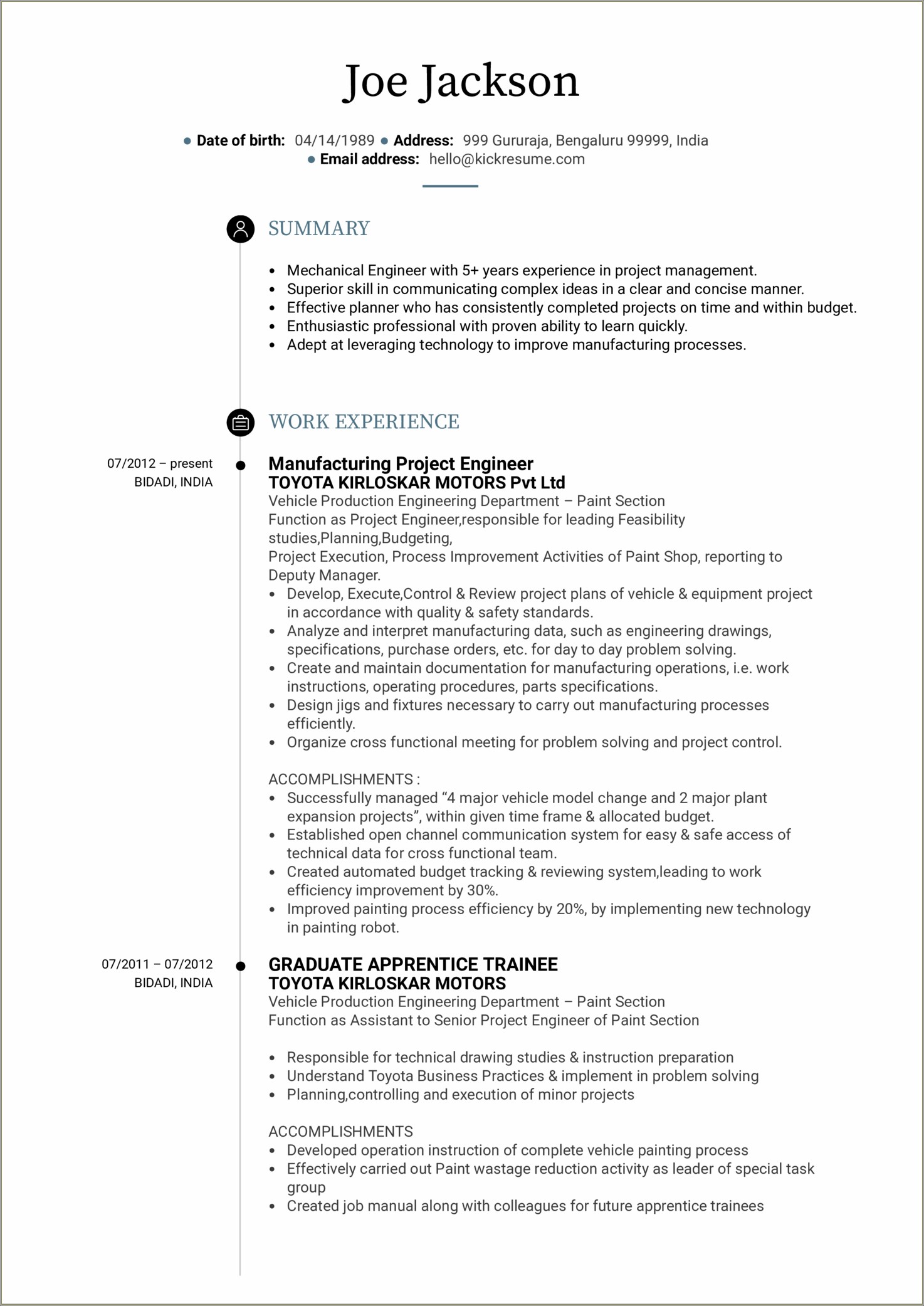 Description Of Project Engineer On Resume