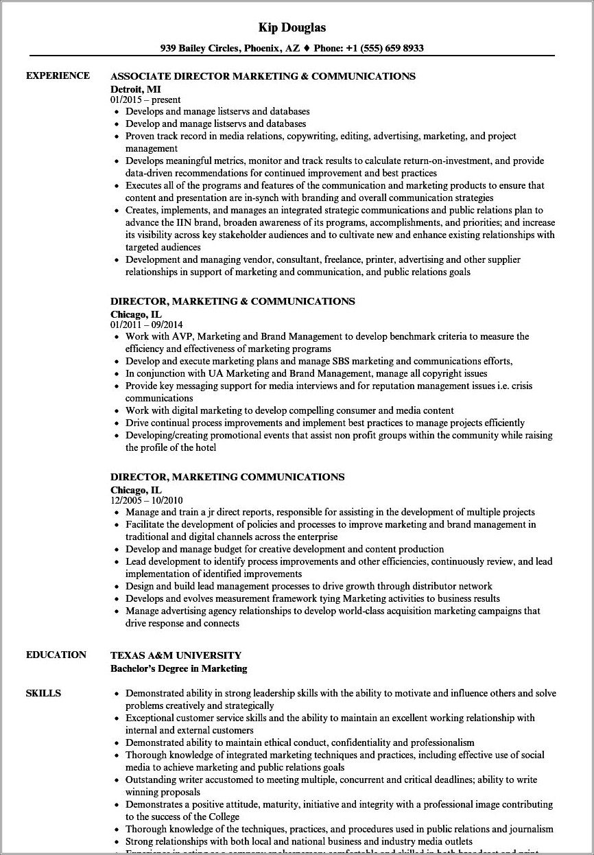 Director Of Marketing And Communications Sample Resume