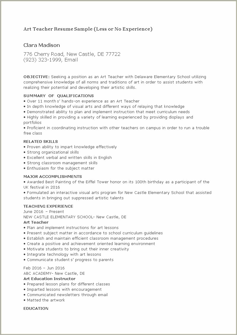 Elementary Teacher Resume With No Experience