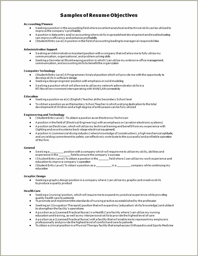 Entry Level Career Objective Examples For Resumes