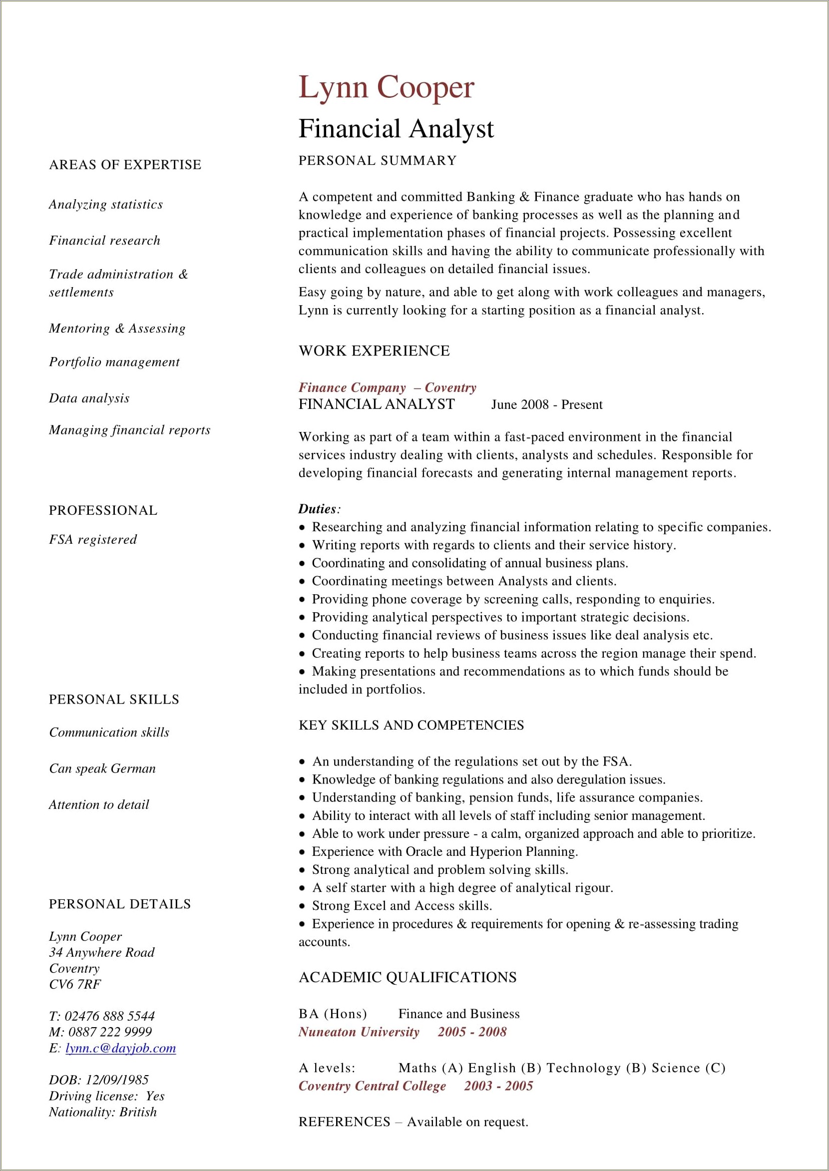 Entry Level Financial Analyst Resume Sample