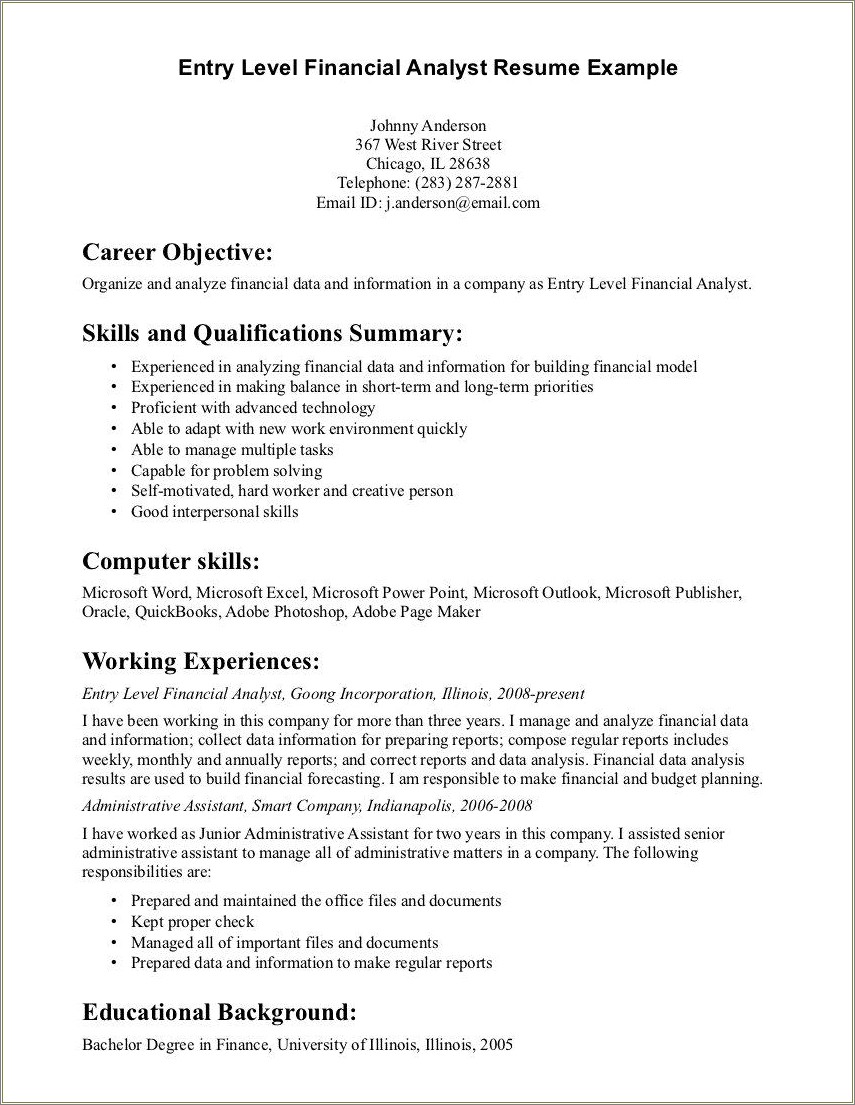 Entry Level It Resume Objective Examples