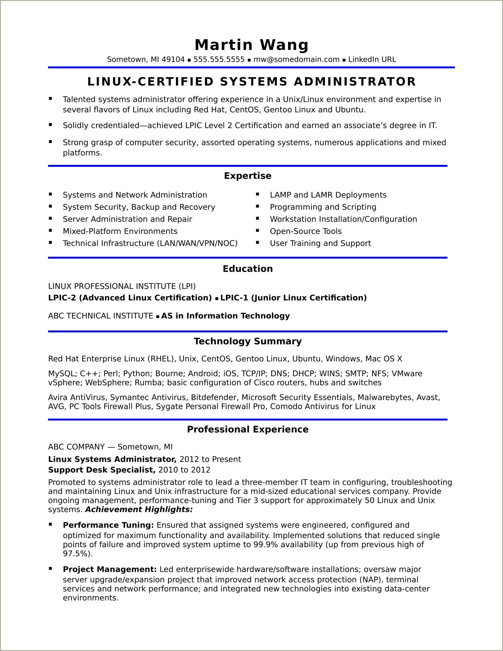 Entry Level Linux System Administrator Resume Sample