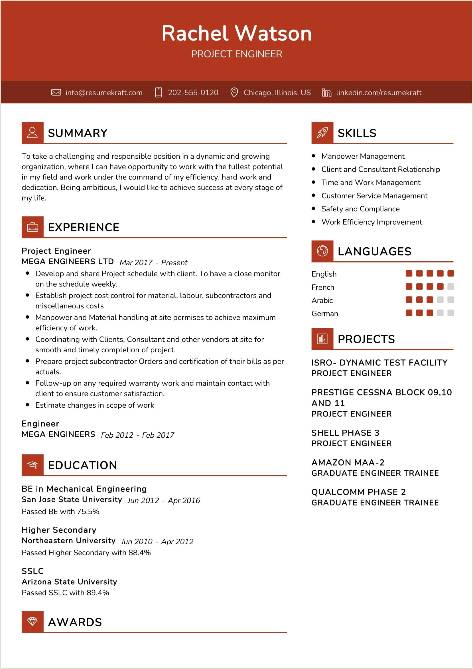 Entry Level Project Engineer Resume Sample
