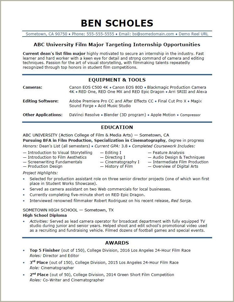 Example Of College Student Resume For Internship