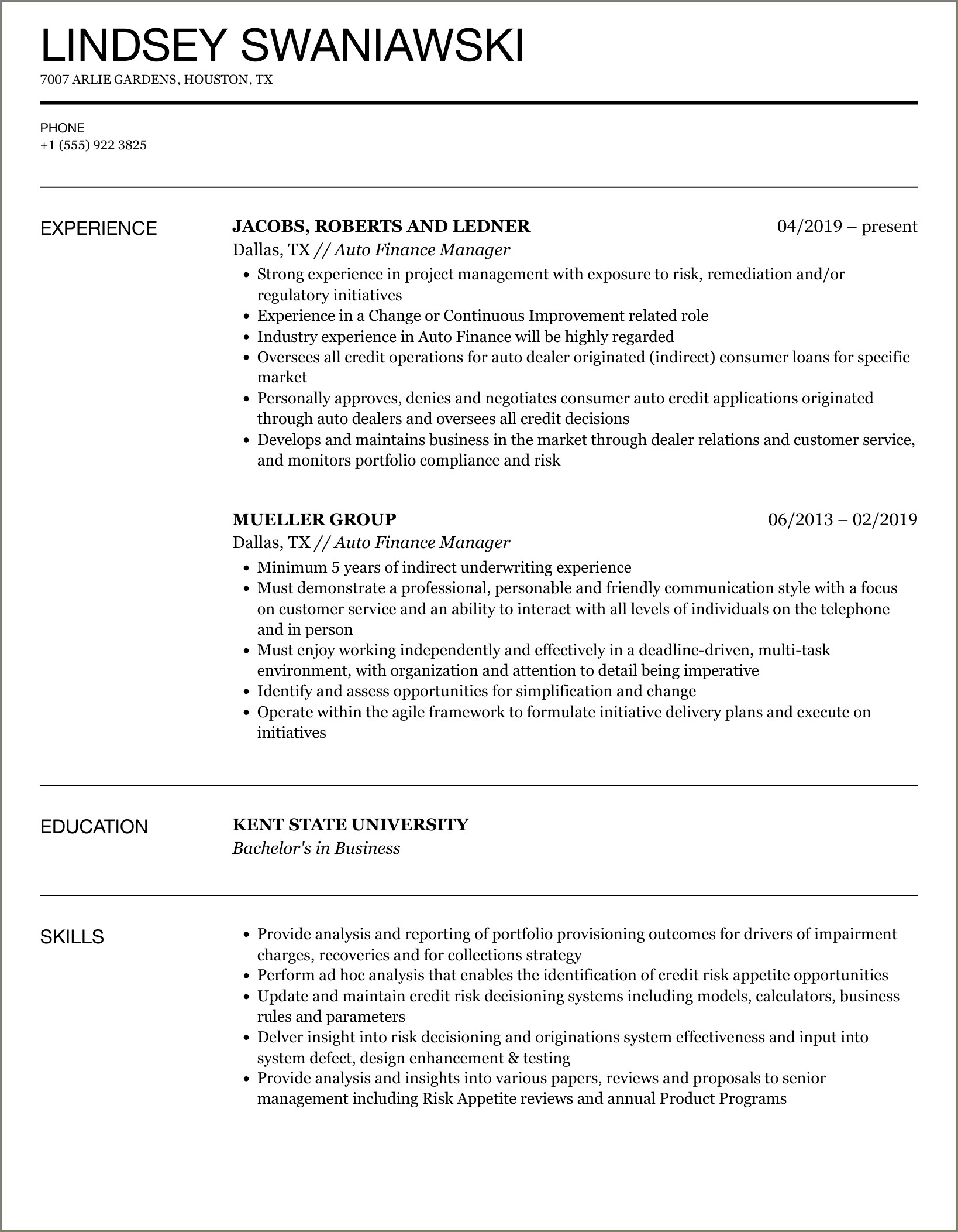 Example Resume For Finance Manager Of Car Dealership