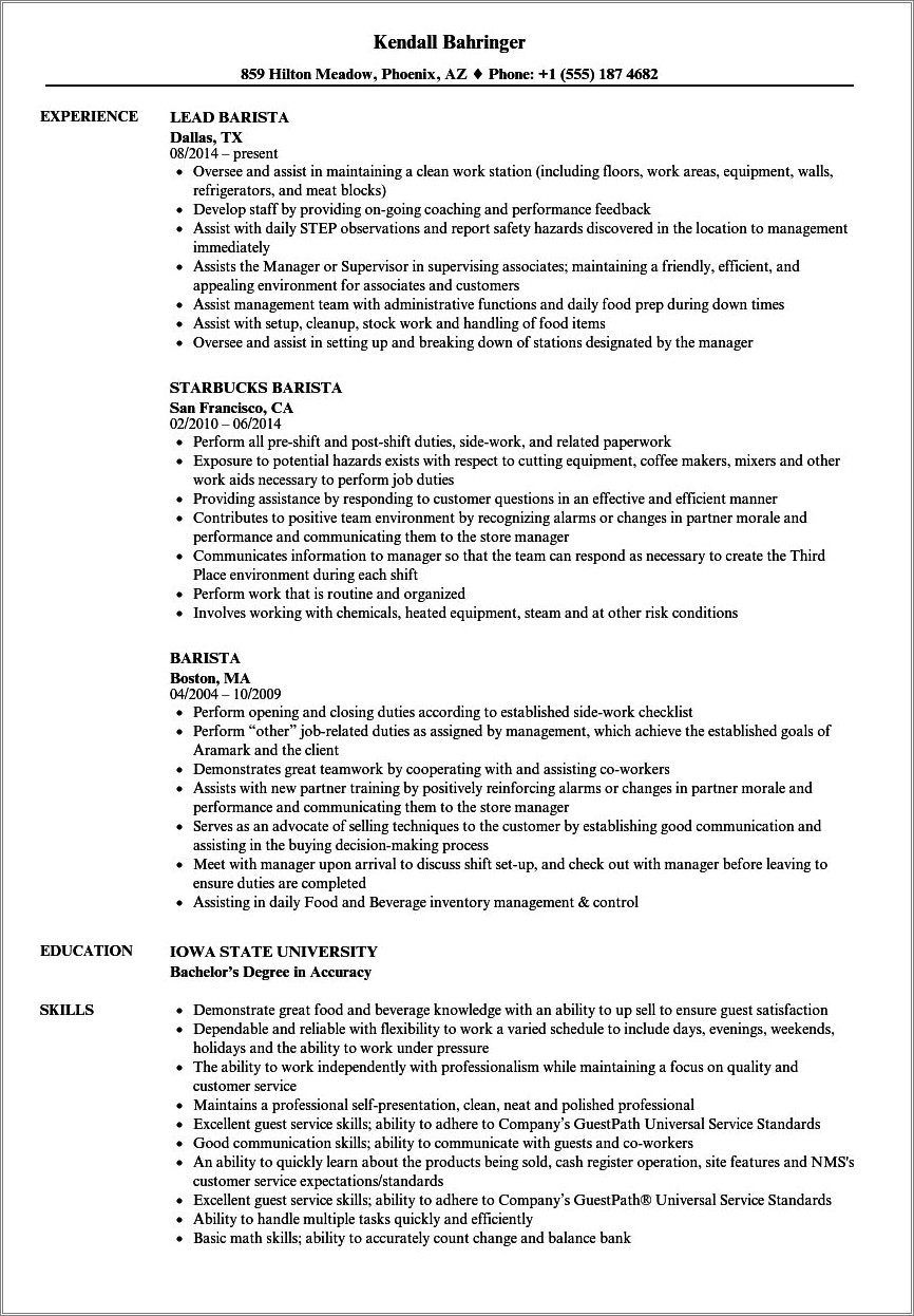 Example Resume For Part Time Coffee Shop Job