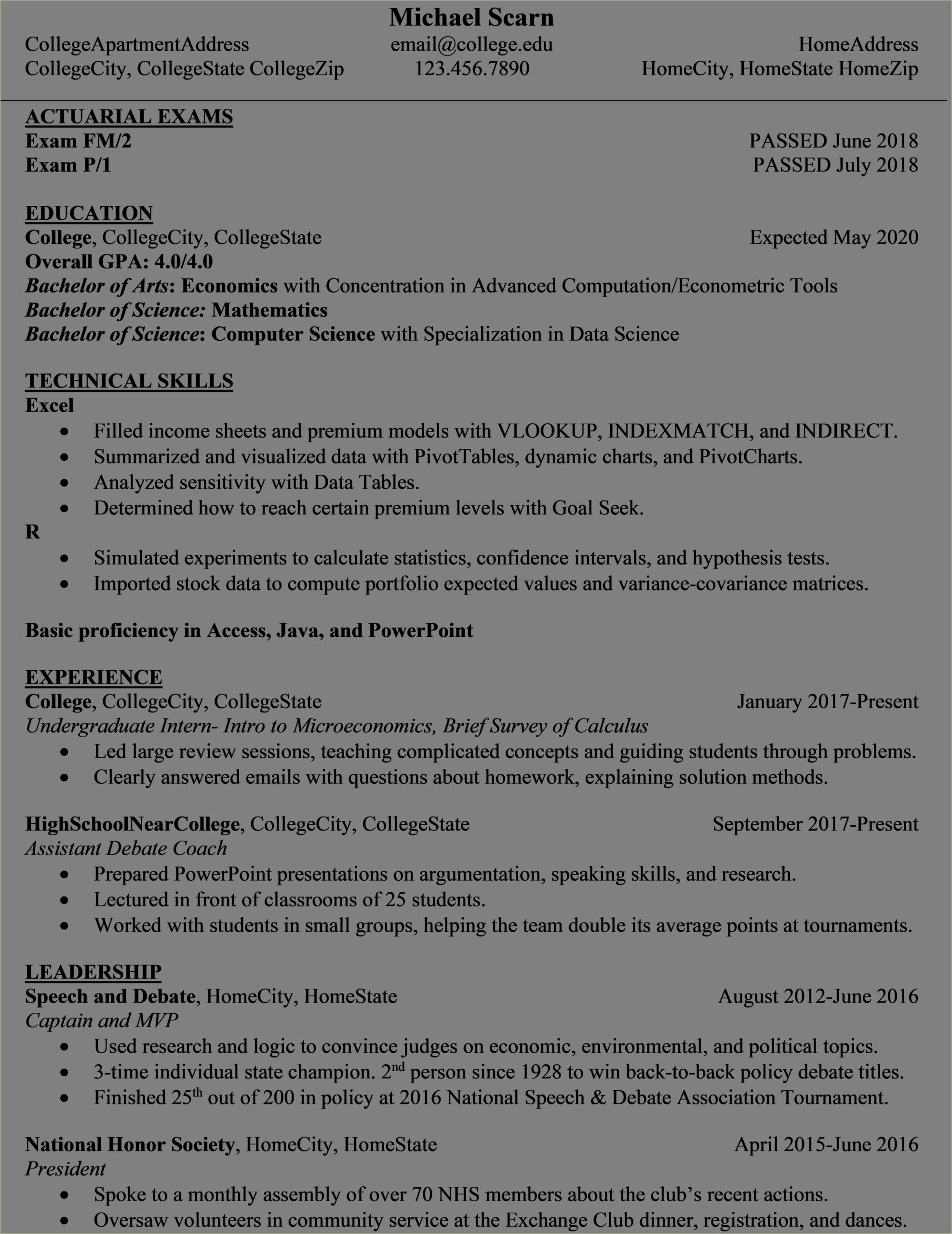 Examples Of College Resumes For Internships