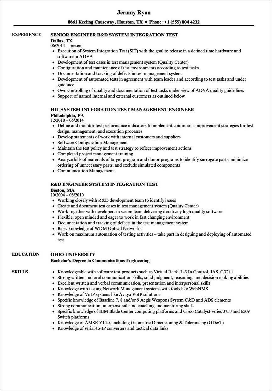 Examples Of Systems Integration Responsibilities In A Resume