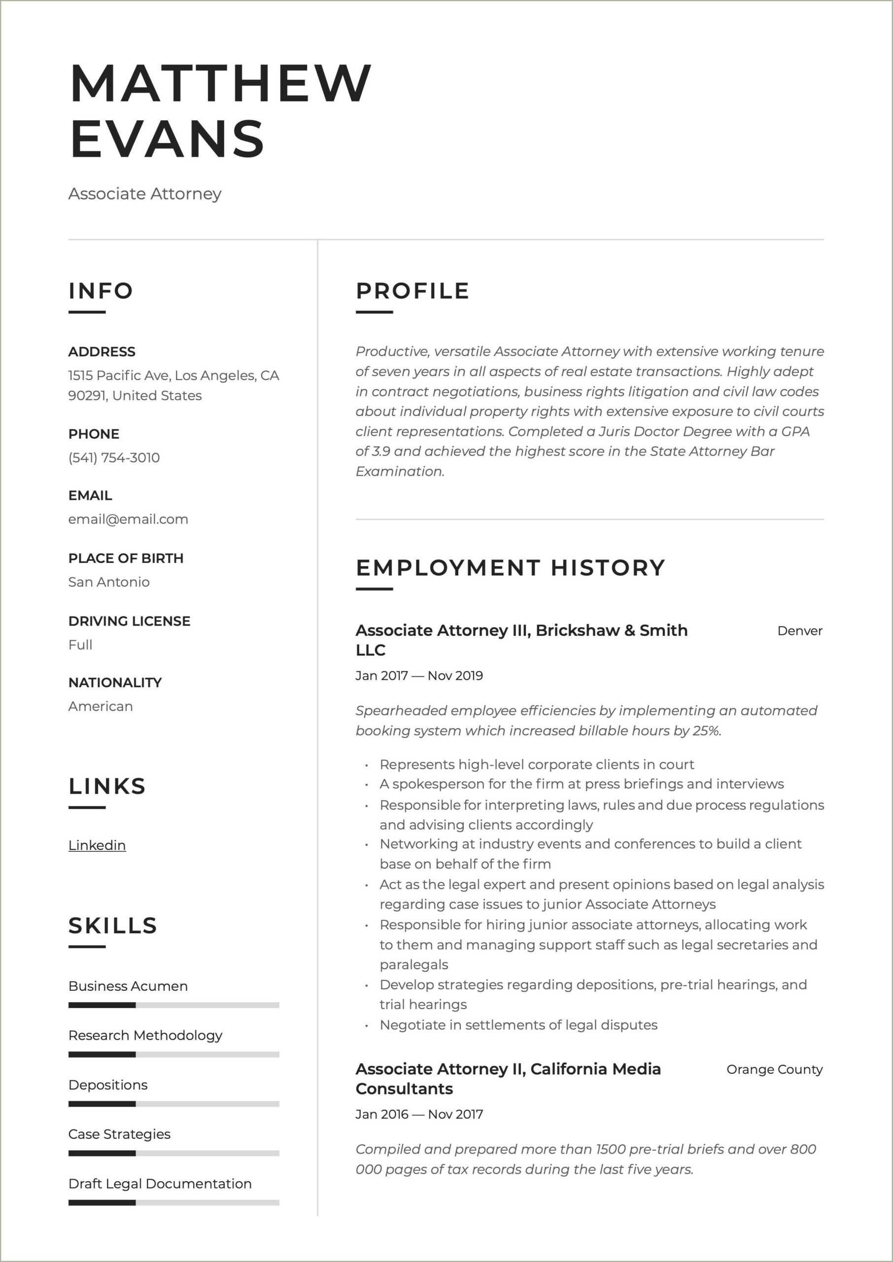 Experienced Attorney Resume Samples Insurance Defense