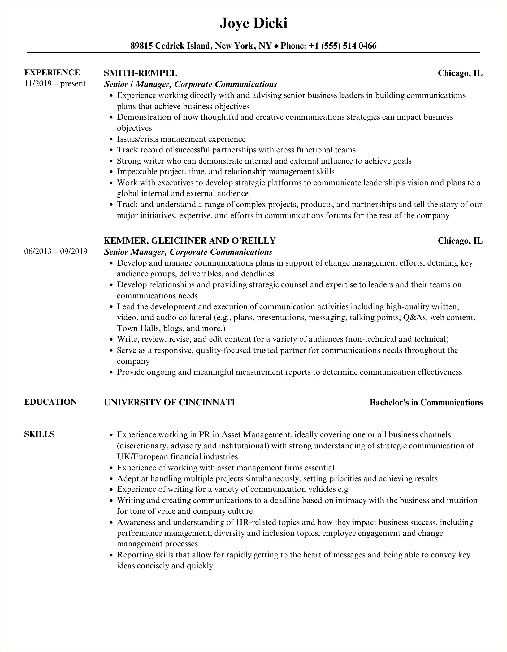 Experienced Corporate Communications Sample Resume 2019