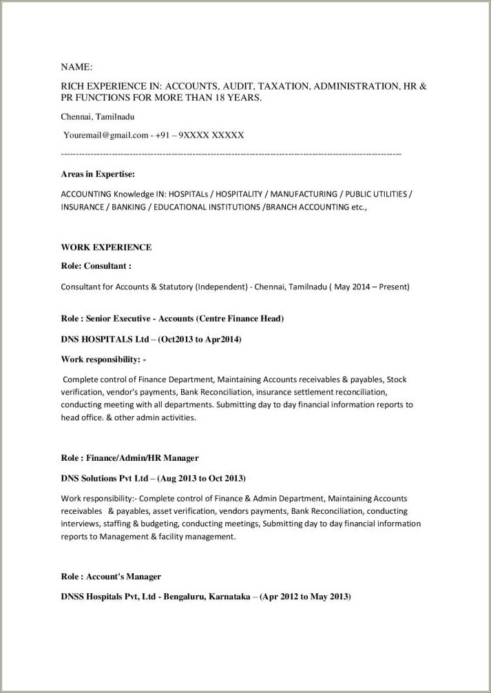 Finance And Accounts Manager Resume Sample