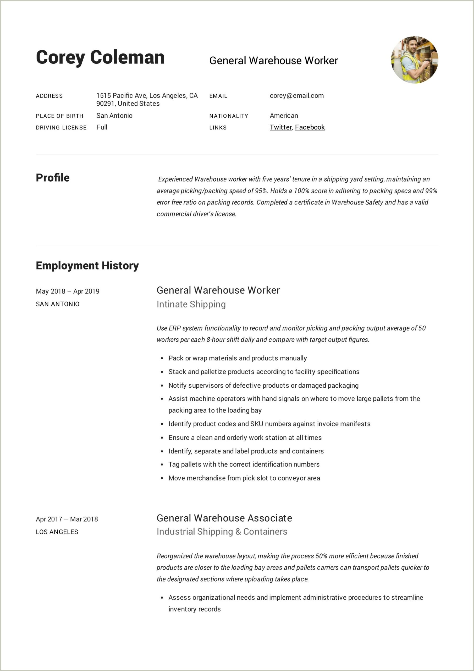 Free Resume Sample For Warehouse Worker
