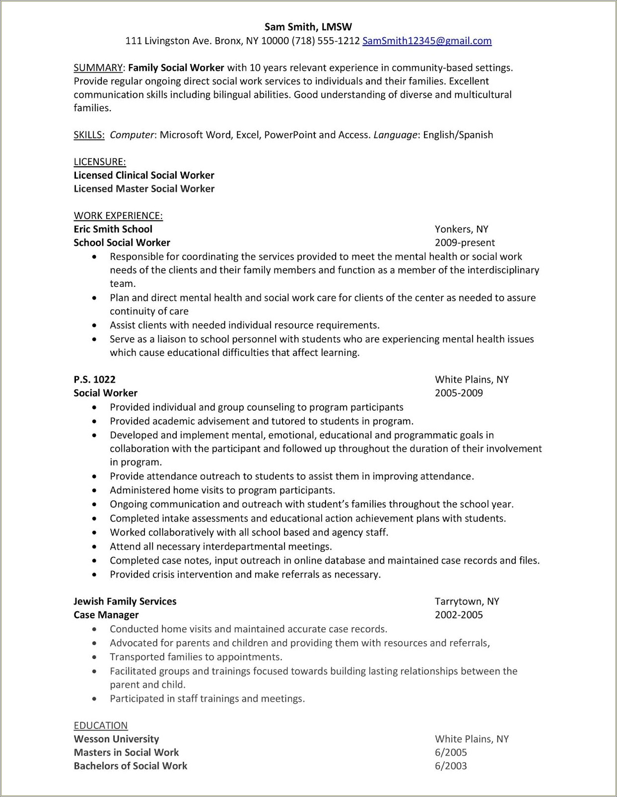 Free Sample Resume Cgild Protective Services Manager Bilingual