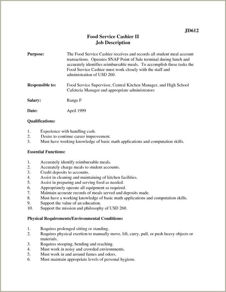 Free Sample Resume For Cafeteria Worker