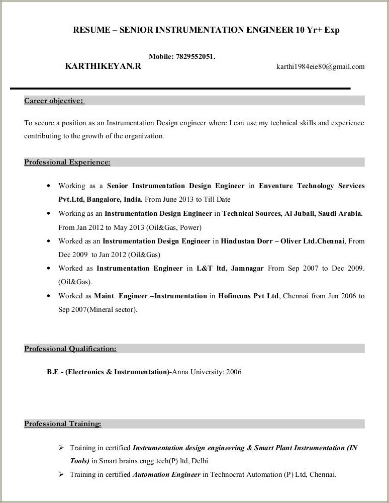 Instrumentation Engineer Resume With 10 Years Experience