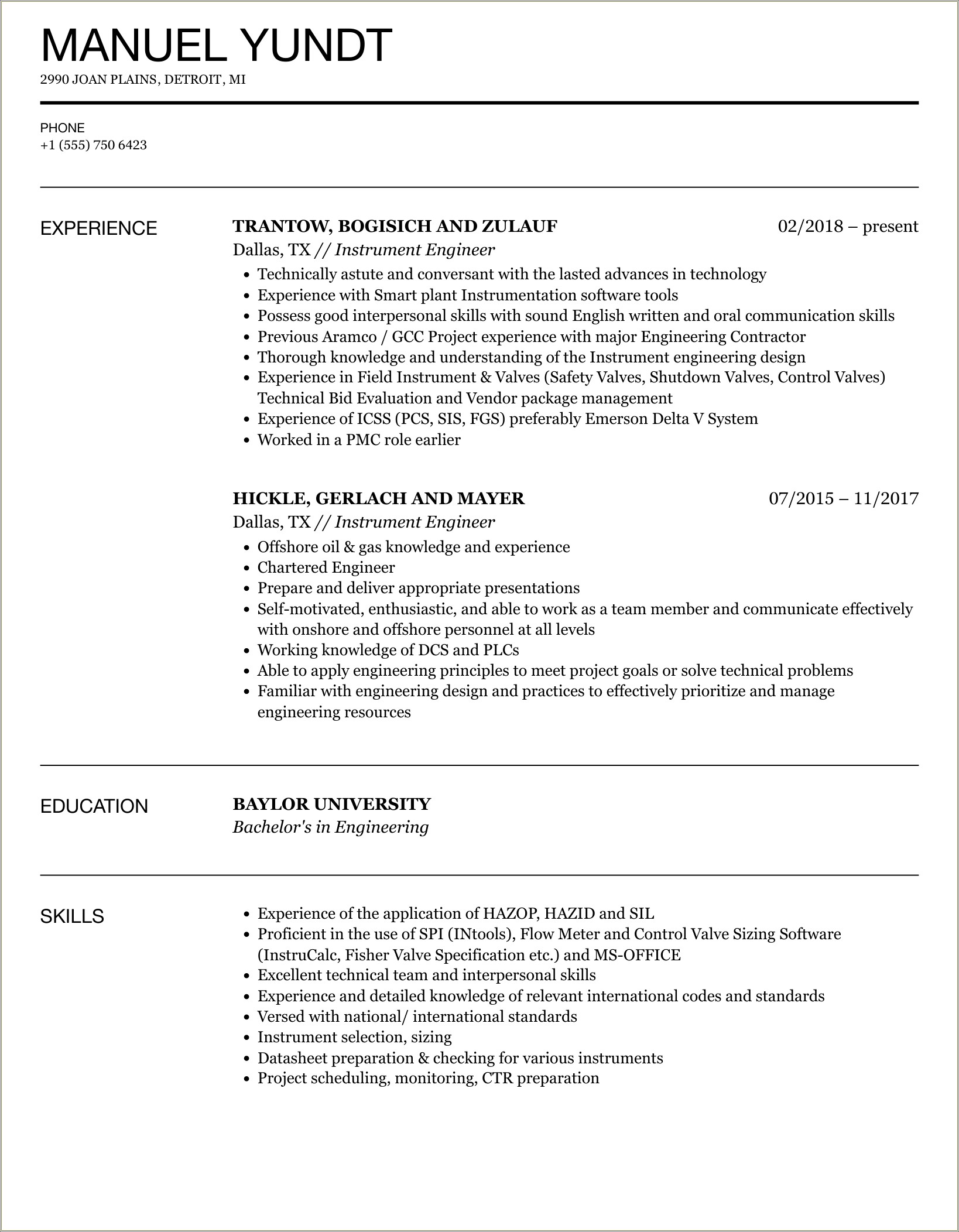 Instrumentation Engineer Resume With 2 Year Experience