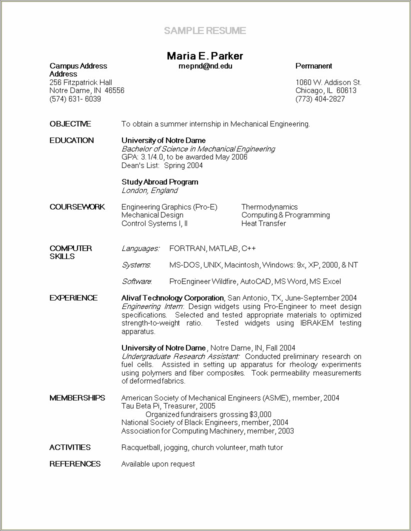Internship Resume Template For College Students Download