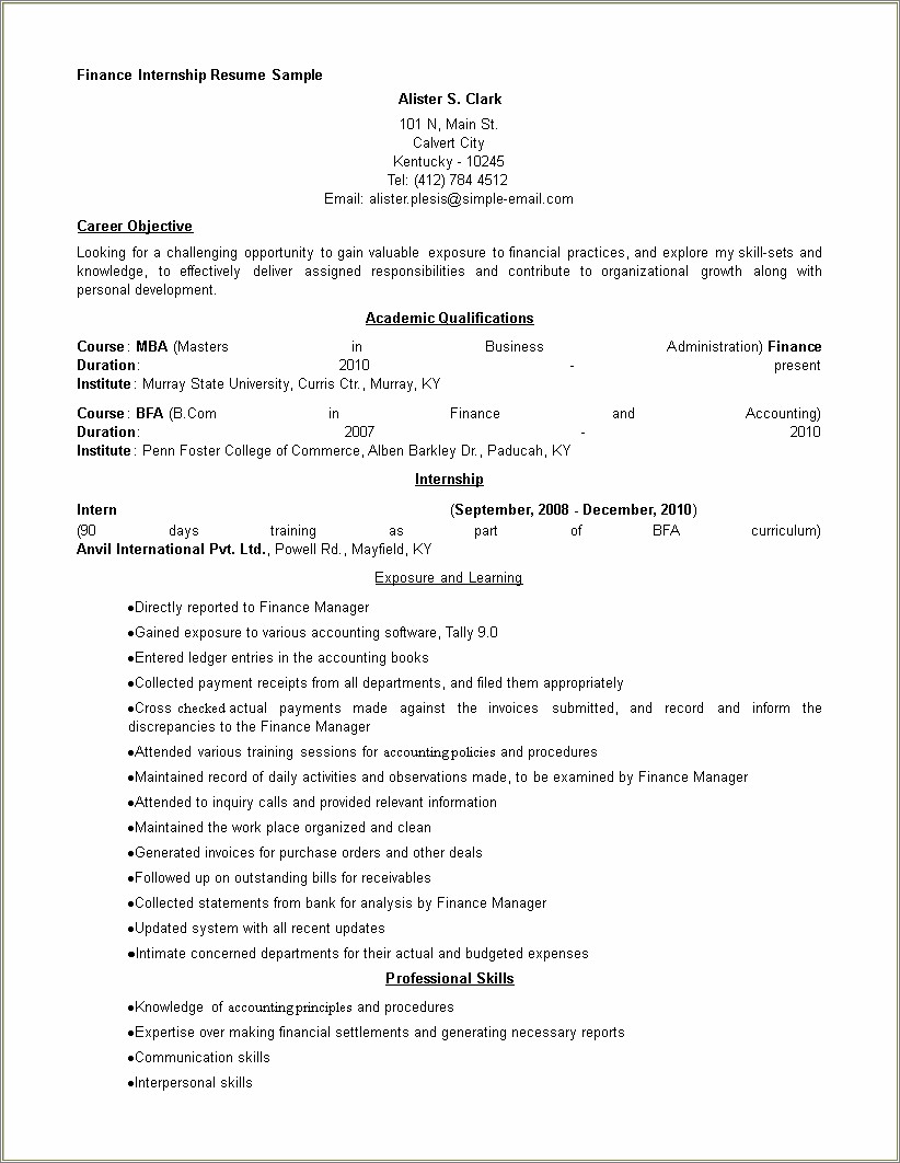 Internship Sample Resume For Accounting Students