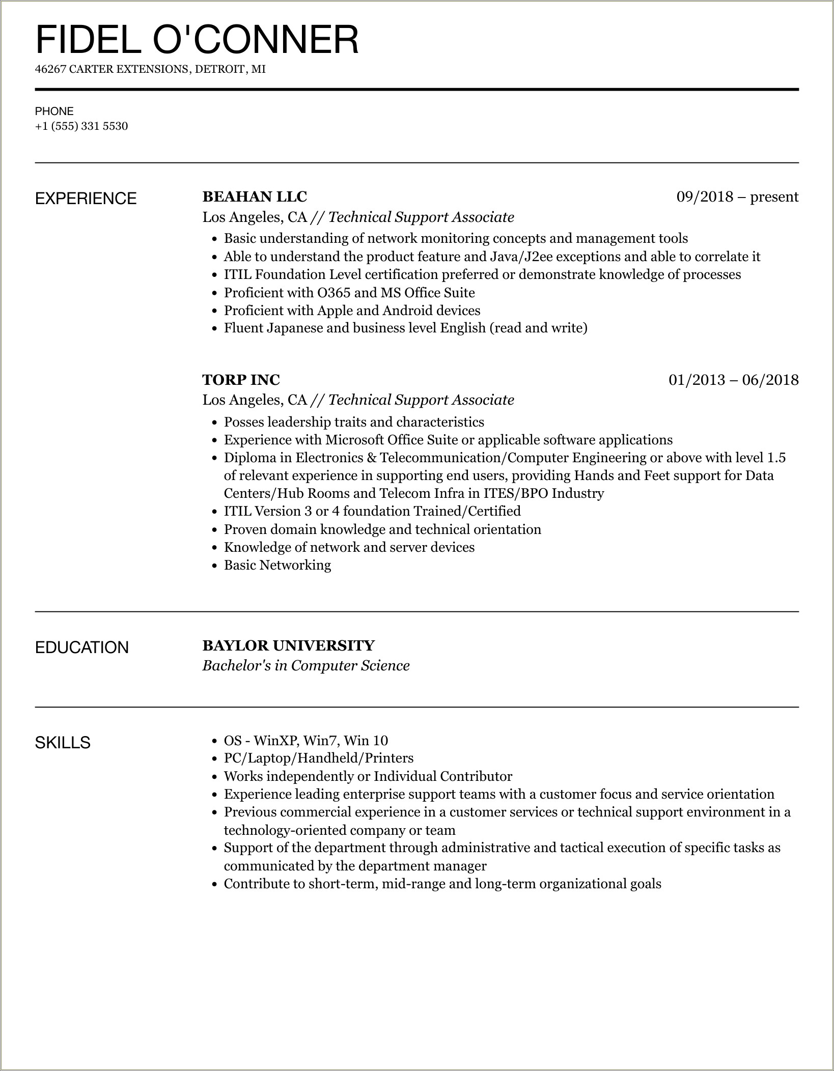 Key Skills For Technical Support Resume