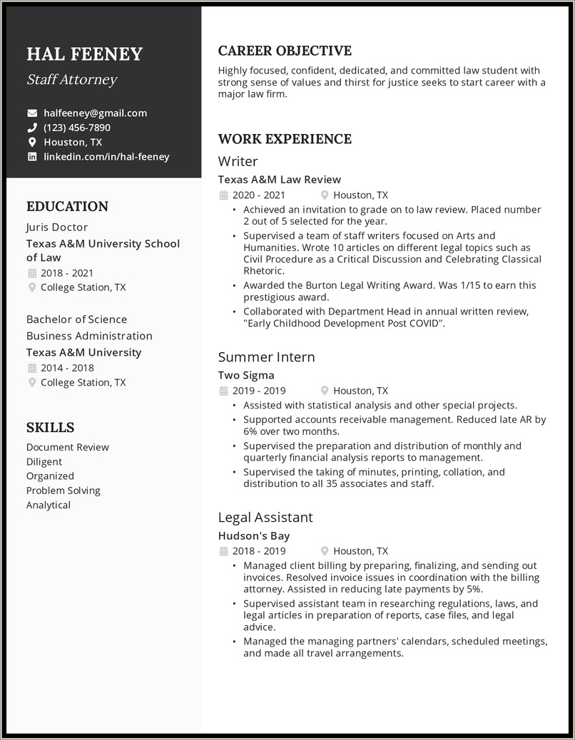 Law Student Sample Resume With Moot Court Competition