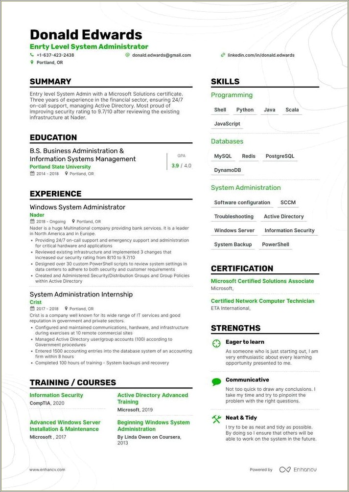 Linux System Administrator 2 Years Experience Resume