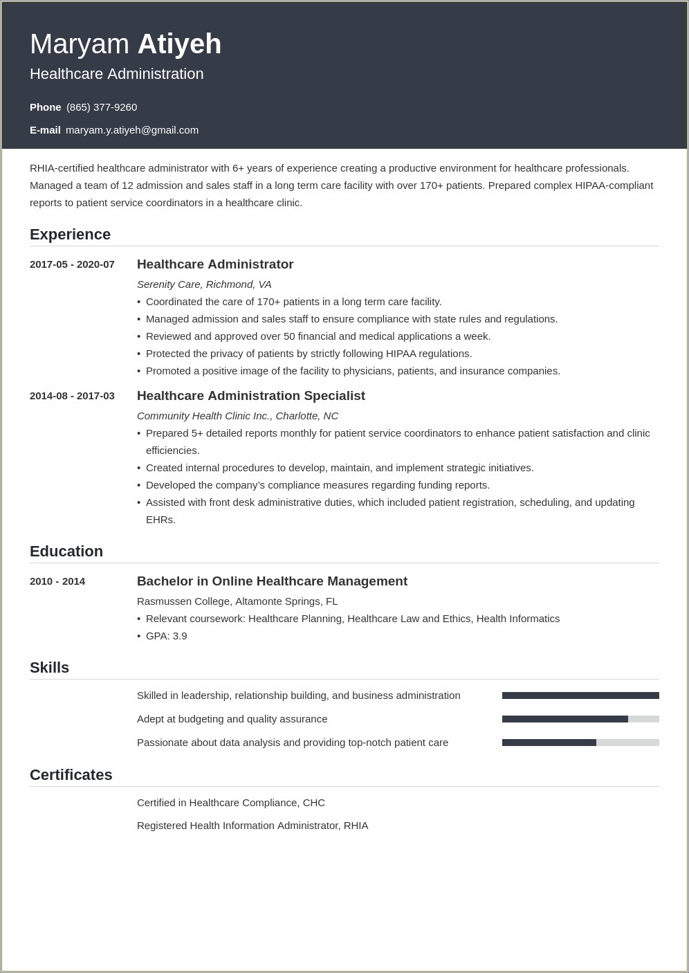 Master Degree Resume Summary Healthcare Management